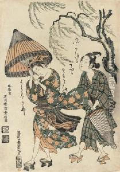 Benizuri-e Of A Young Couple Waking In A Strong Wind Under A Willow Tree Oil Painting - Ishikawa Shuha Toyonobu