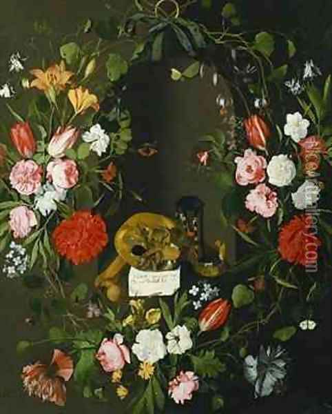 Vanitas Still Life with Flowers Oil Painting - J.H. Elers