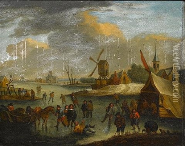 A Winter Landscape With Figures Skating On A Frozen River Oil Painting - Pieter Bout