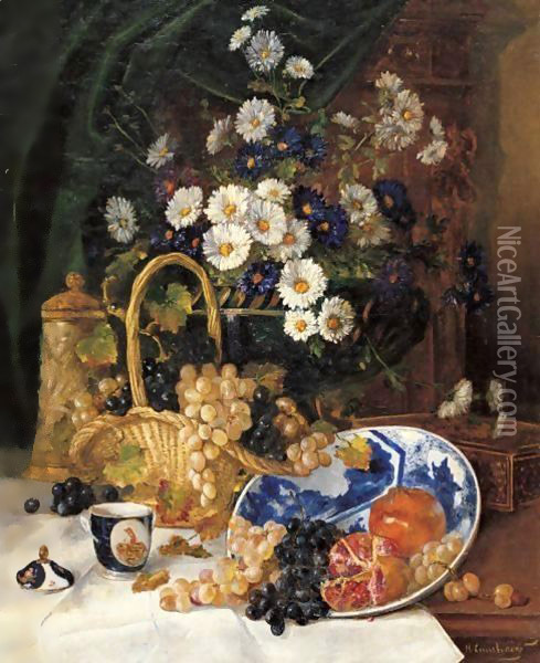 Floral Still Life With Grapes And Pomegrantes Oil Painting - Eugene Henri Cauchois