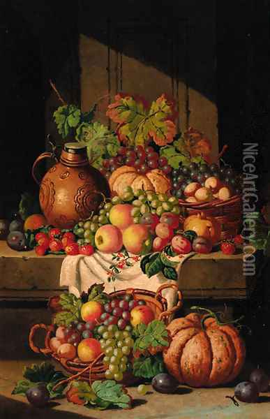 A flask on a ledge, with baskets of grapes, plums, apples and squashes Oil Painting - Charles Thomas Bale