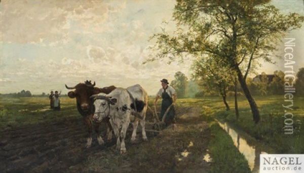 In Weiter Landschaft Ein Pflugender Bauer, Dem Zwei Madchen Zuwinken Oil Painting - Hermann Baisch