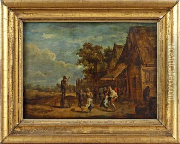 Peasants Dancing Before An Inn Oil Painting - David The Younger Teniers