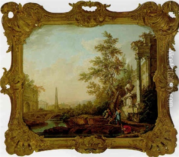 An Italianate Landscape With Travellers Resting And Drinking From A River, With Ruins And An Obelisk Oil Painting - Lorens (Lars) Gottman
