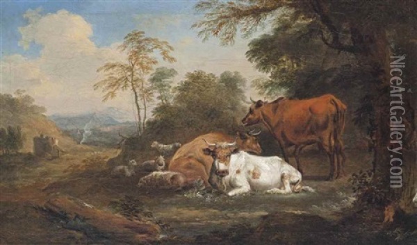 A Wooded Landscape With Cattle And Sheep Resting Oil Painting - Pierre Louis De La Rive