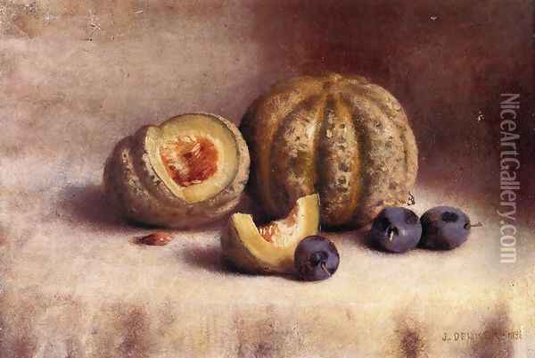 Still Life with Plums and Melons Oil Painting - Joseph Decker