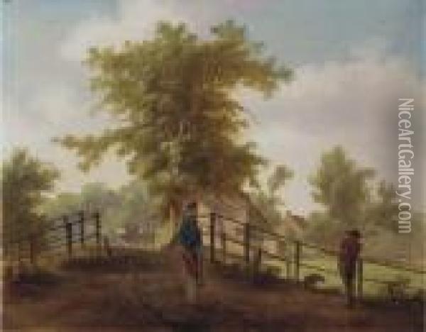 A Landscape With Two Men And A Dog On A Bridge Oil Painting - Hendrik Meijer