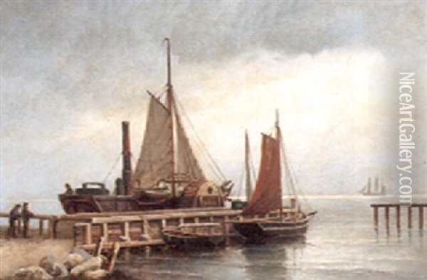 Havneparti Med Hjuldamper Og Sejlskibe Oil Painting - Carl Ludwig Bille