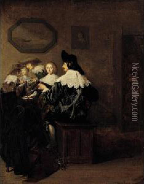An Interior With Elegant Figures Playing Music Oil Painting - Jan Cornelisz Vermeyen
