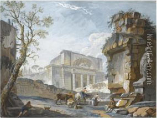 A Pair Of Italianate Landscapes With Figures Among Roman Ruins Oil Painting - Charles Louis Clerisseau