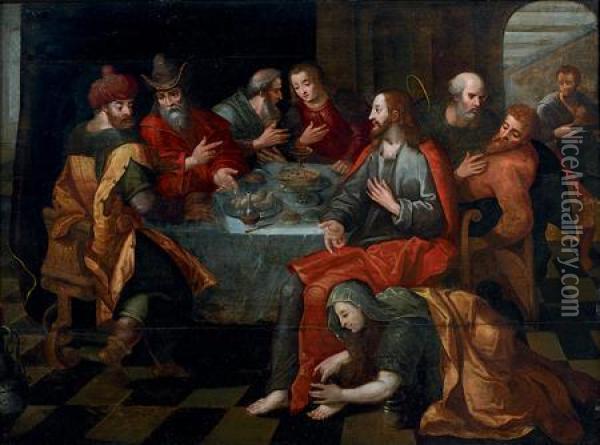 Le Repas Chez Simon, Marie-madeleine Au Pied Du Christ Oil Painting - Maarten de Vos