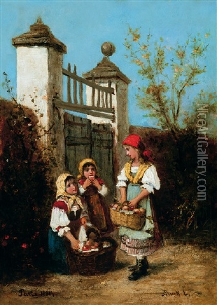 Girls In The Garden Oil Painting - Lajos Bruck