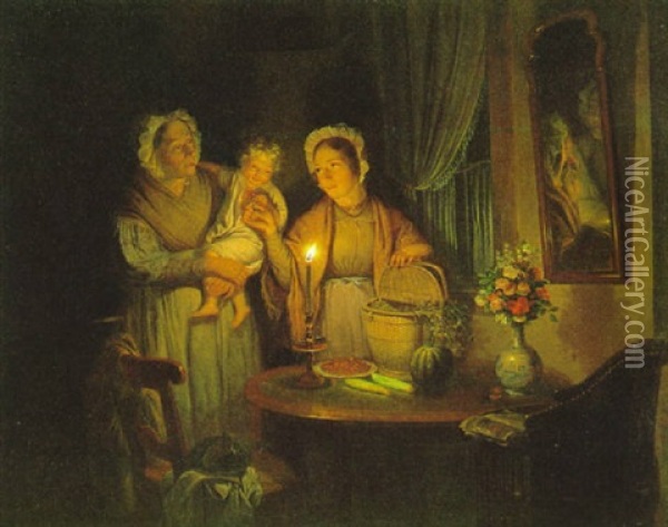 Drei Generationen In Einem Interieur Bei Kerzenschein Oil Painting - Jan Hendrik van Grootvelt