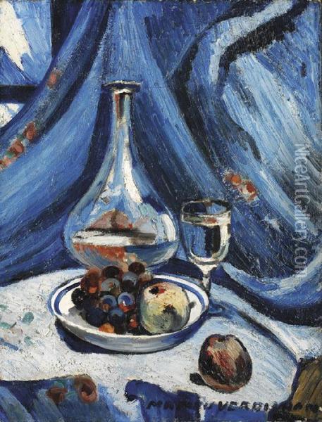 Pomme Raisins Dans Une Assiette, Carafe Et Verre Oil Painting - Louis-Mathieu Verdilhan