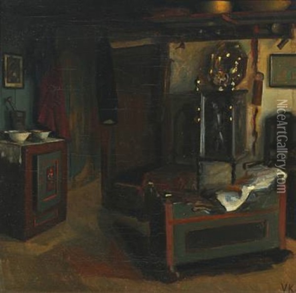 Rustic Style Interior With A Cradle And An Owen Oil Painting - Valdemar Kornerup