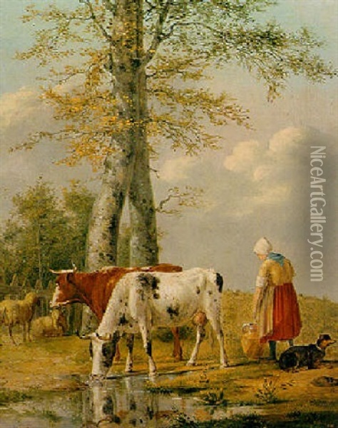 A Cowherd With Cattle In A Meadow Oil Painting - Anthony Oberman