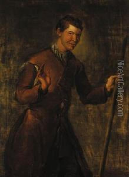 A Servant, Three-quarter-length, Holding A Staff Oil Painting - Frans Hals