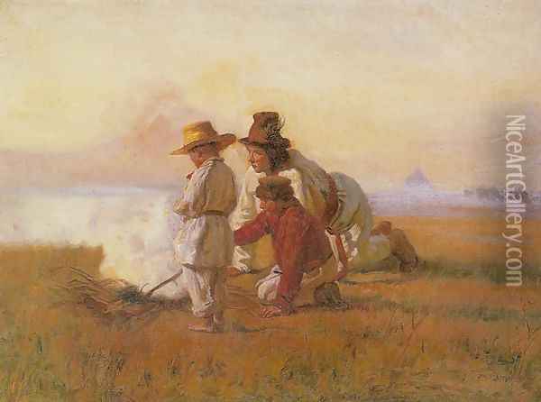 Little Shepherds by the Bonfire Oil Painting - Jozef Chelmonski
