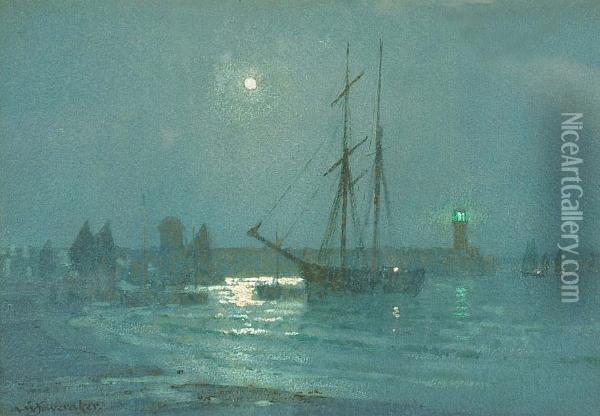 St Ives - The Harbour By Moonlight Oil Painting - Albert Moulton Foweraker