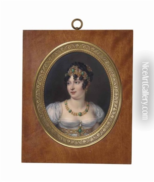 Portrait De Caroline Bonaparte Portant Une Robe Blanche Et Une Parure Bijoux A Decors De Perles Et De Malachite Oil Painting - Sophie Lienard