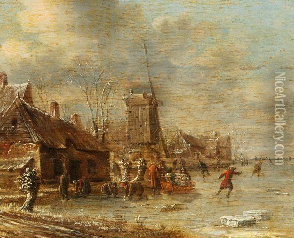 Figures On The Ice By A Windmill Oil Painting - Claes Molenaar (see Molenaer)