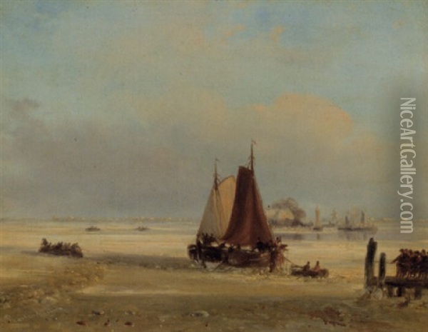 Men On A Jetty Pulling A Vessel Through The Ice Oil Painting - Nicolaas Johannes Roosenboom