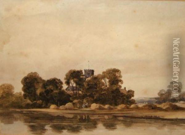 Figures In Harvest Fieldby River And Church Oil Painting - Peter de Wint