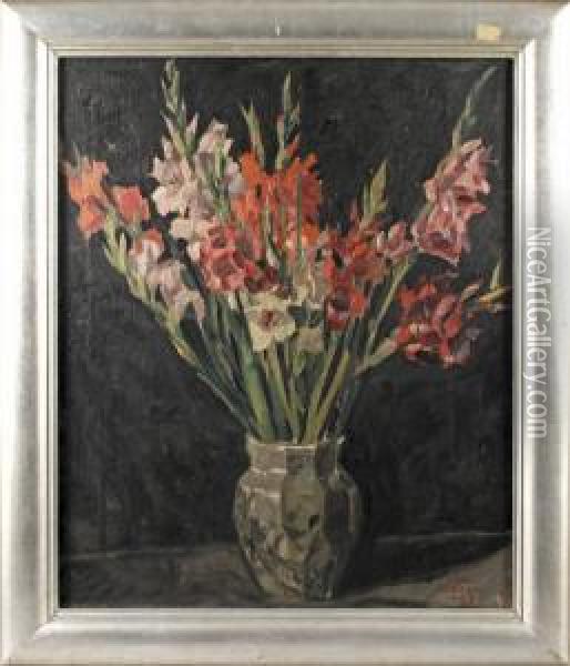 Gladiolenstillleben In Glasvase Vor Dunklem Grund Oil Painting - Paul Ricken
