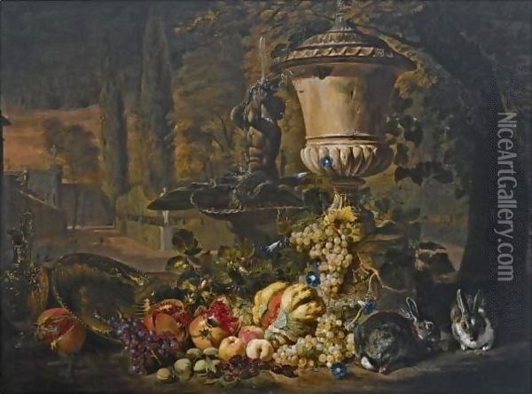 A Still Life Of Fruit, Including A Melon, Open Pomegranates And Grapes, An Ornamental Urn Oil Painting - David de Coninck