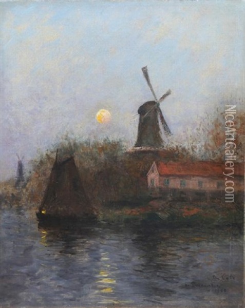 Voiliers Et Moulin Au Clair De Lune, 31 Decembre Oil Painting - Siebe Johannes ten Cate