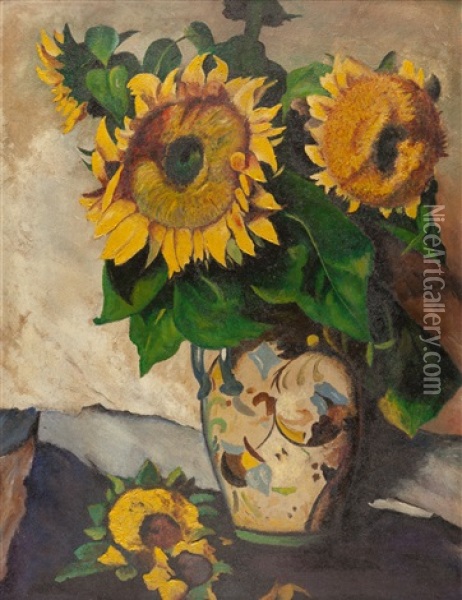 Sonnenblumen In Blauer Vase Mit Doppelhenkel Oil Painting - Heinrich Nauen
