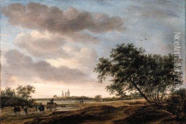 An Extensive Landscape With A Drover And Cattle On A Path, Egmondabbey Beyond Oil Painting - Salomon van Ruysdael