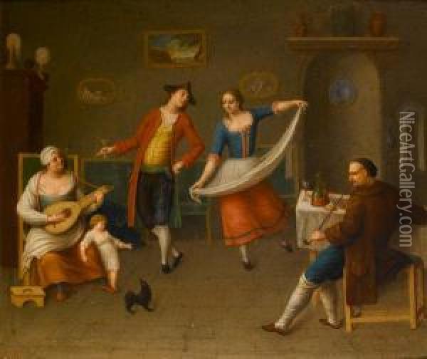 An Interior With Figures Dancing, Drinking Andsmoking Oil Painting - Pietro Fabris