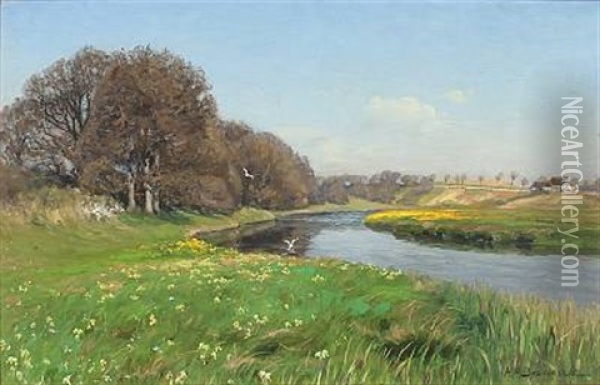 Summer Landscape With Stream Near Herlufsholm Oil Painting - Hans Andersen Brendekilde