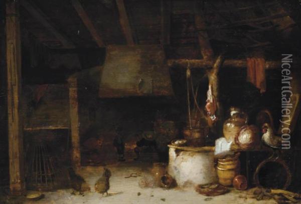 Figures By A Fire, In An Interior Oil Painting - Pieter de Bloot