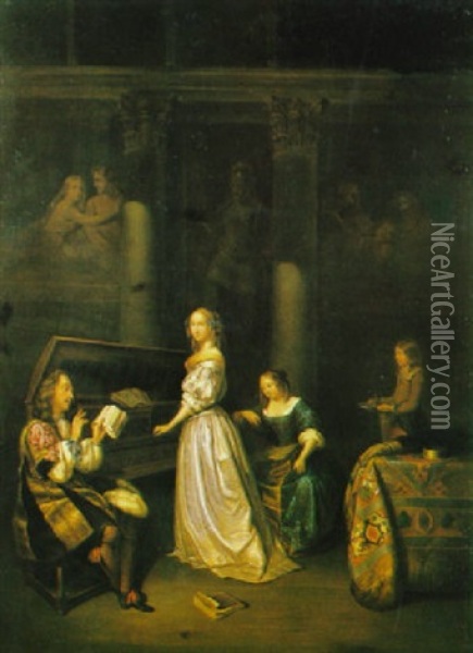 The Musical Evening With A Lady Playing A Virginal And A    Gentleman Singing Oil Painting - Gerard ter Borch the Younger
