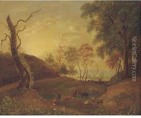 Cattle in an extensive landscape with a church in the distance Oil Painting - English School