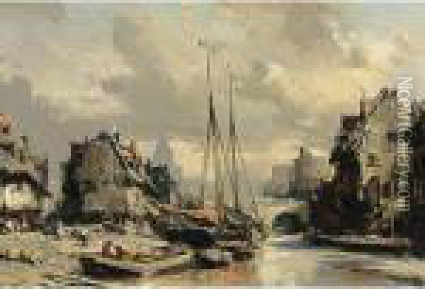 A Harbour Scene In A Town Oil Painting - Eugene Isabey