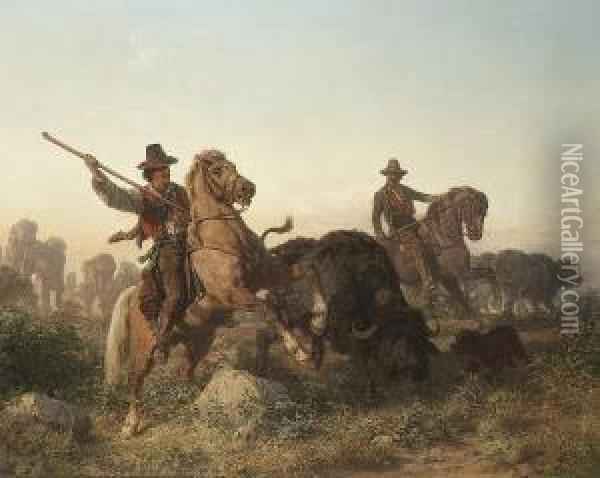 Herding Buffalo Oil Painting - Edouard Van Den Bosch