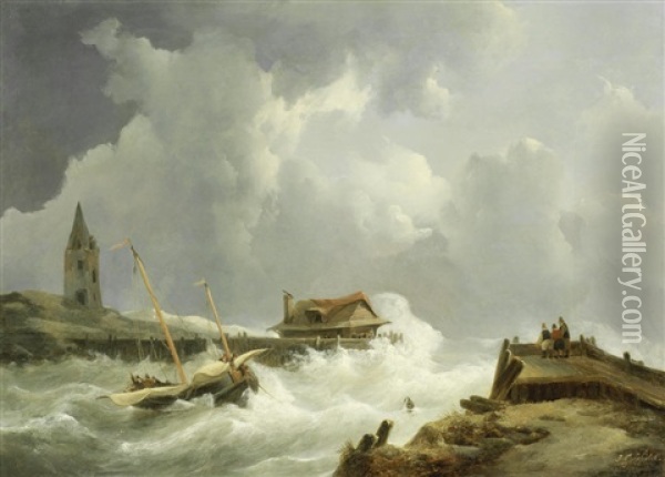 Shipping Off A Pier In Rough Weather Oil Painting - Johannes Christiaan Schotel