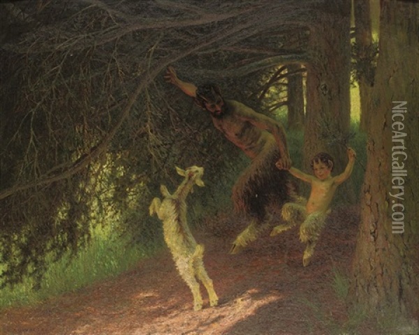 Fauns Gamboling In The Forest Oil Painting - Leopold Franz Kowalski