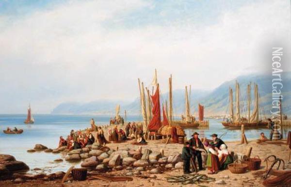 Fisherfolk Trading Their Catch On The Jetty At Hornbaek Oil Painting - Peter Johann Raadsig