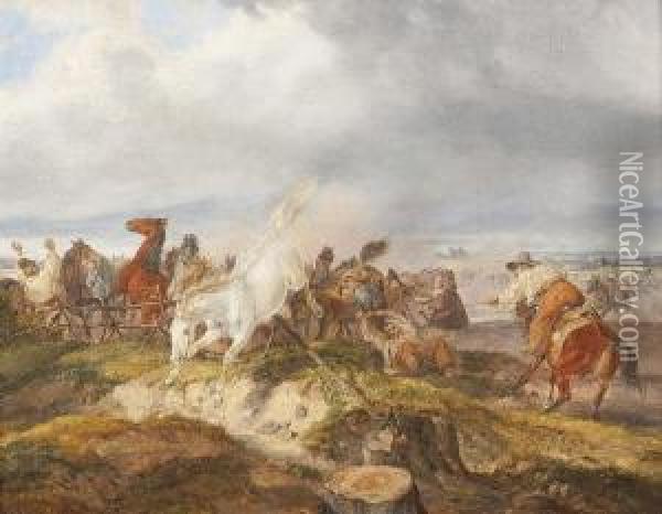 Wildpferdhatz In Der Ungarischen Puszta Oil Painting - Heinrich M. Dietrich Monten