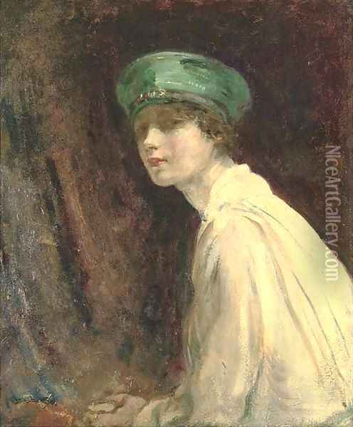 'The Green Hat', a portrait of Mrs Claude Johnson Oil Painting - Ambrose McEvoy
