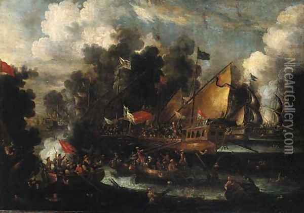 A naval engagement between Turks and Christians Oil Painting - Victor Mahu