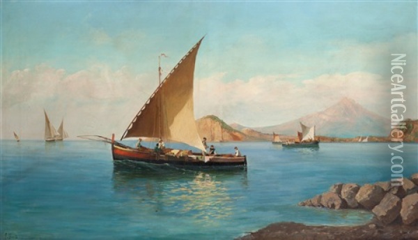 Marina Con Pescatori E Il Vesuvio Sullo Sfondo Oil Painting - Francesco Saverio Torcia
