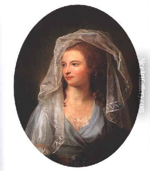 Portrait Of Maria Helena Kortright (nee Hendrickson), Bust Length, Wearing A Pale Blue Dress And A White Chiffon Veil Oil Painting - Jens Juel