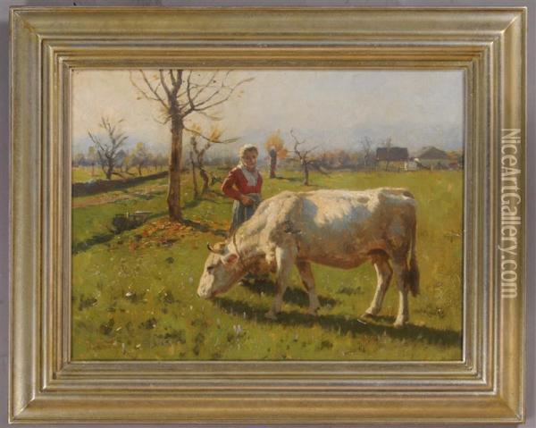 A Lass And Her Cow Oil Painting - Hermann Hartwich