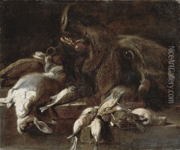 Stillleben Mit Wildschwein, Kaninchen Und Vogeln Auf Einem Tisch Oil Painting - Felice Boselli