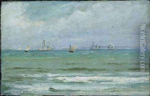Coastal landscape with sailing ships, probably from Hornbæk Oil Painting - Carl Locher